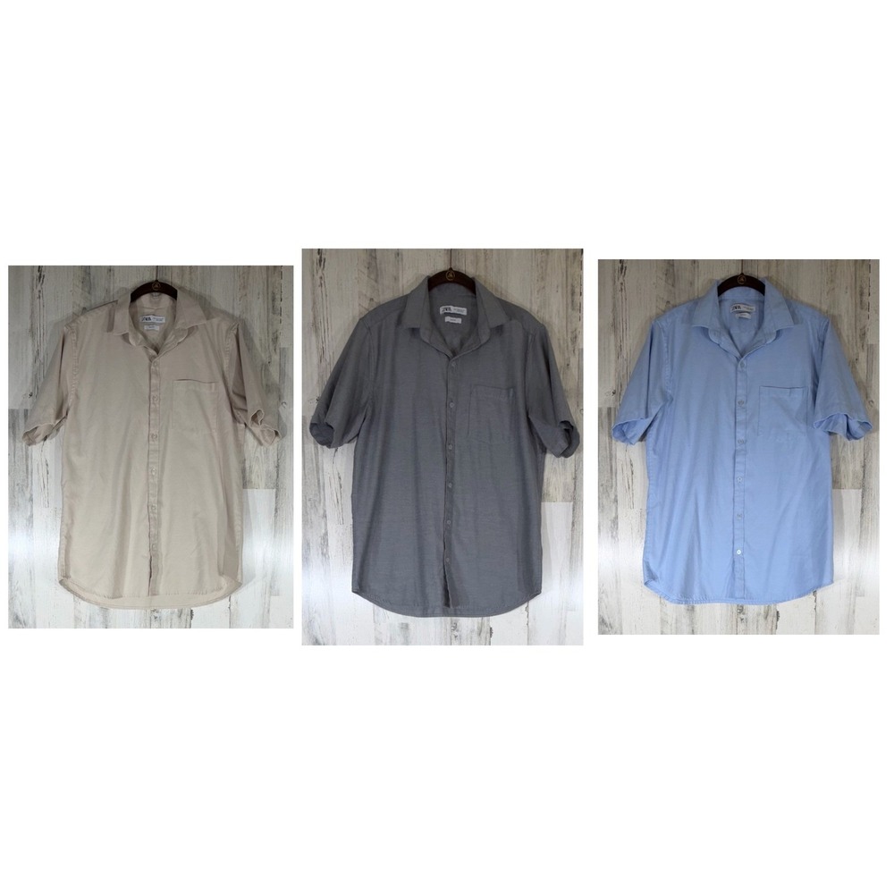 Zara Slim Fit Short Sleeve Button Down Camp Shirt Large Lot of 3 Beige Gray Blue